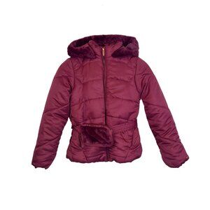 Tahari Girls' Pink Water-Repellent Puffer Jacket with Faux Fur - Size 12